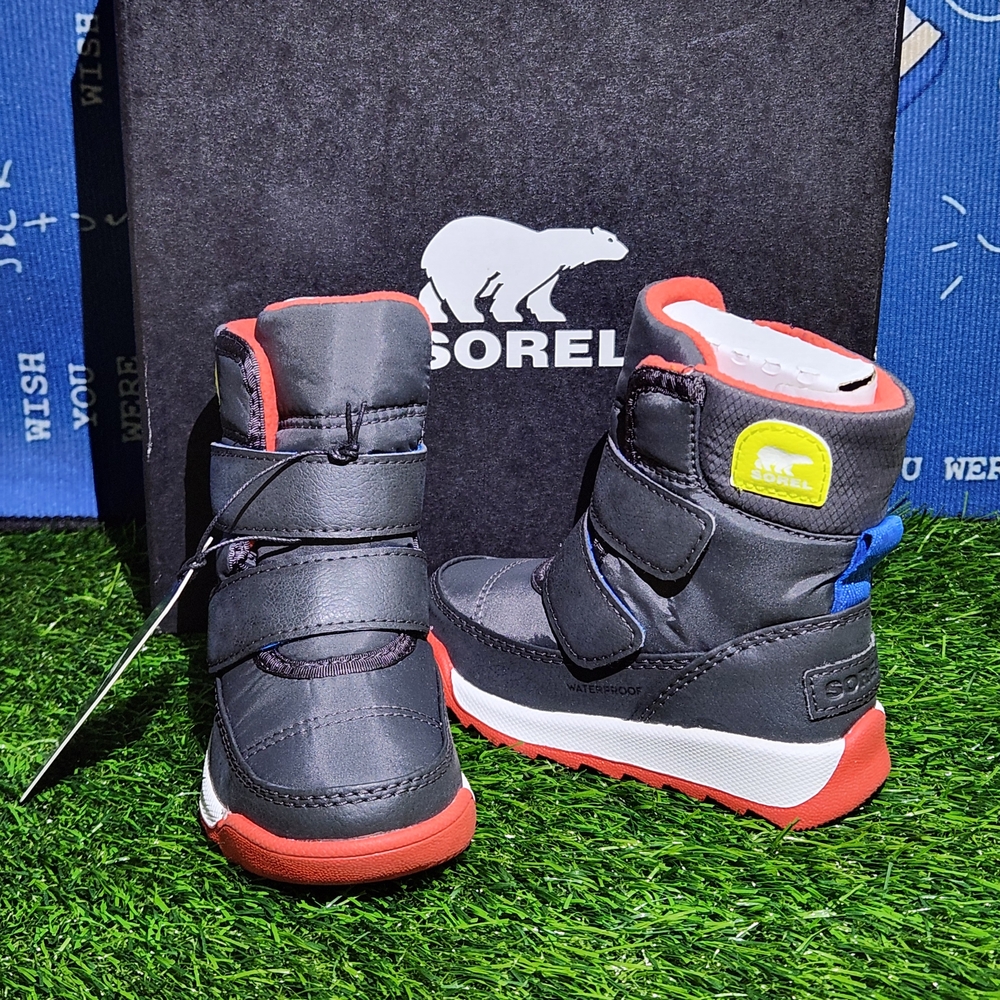 Sorel Kids' Black and Red Boots with Blue Accents Size 6c NEW